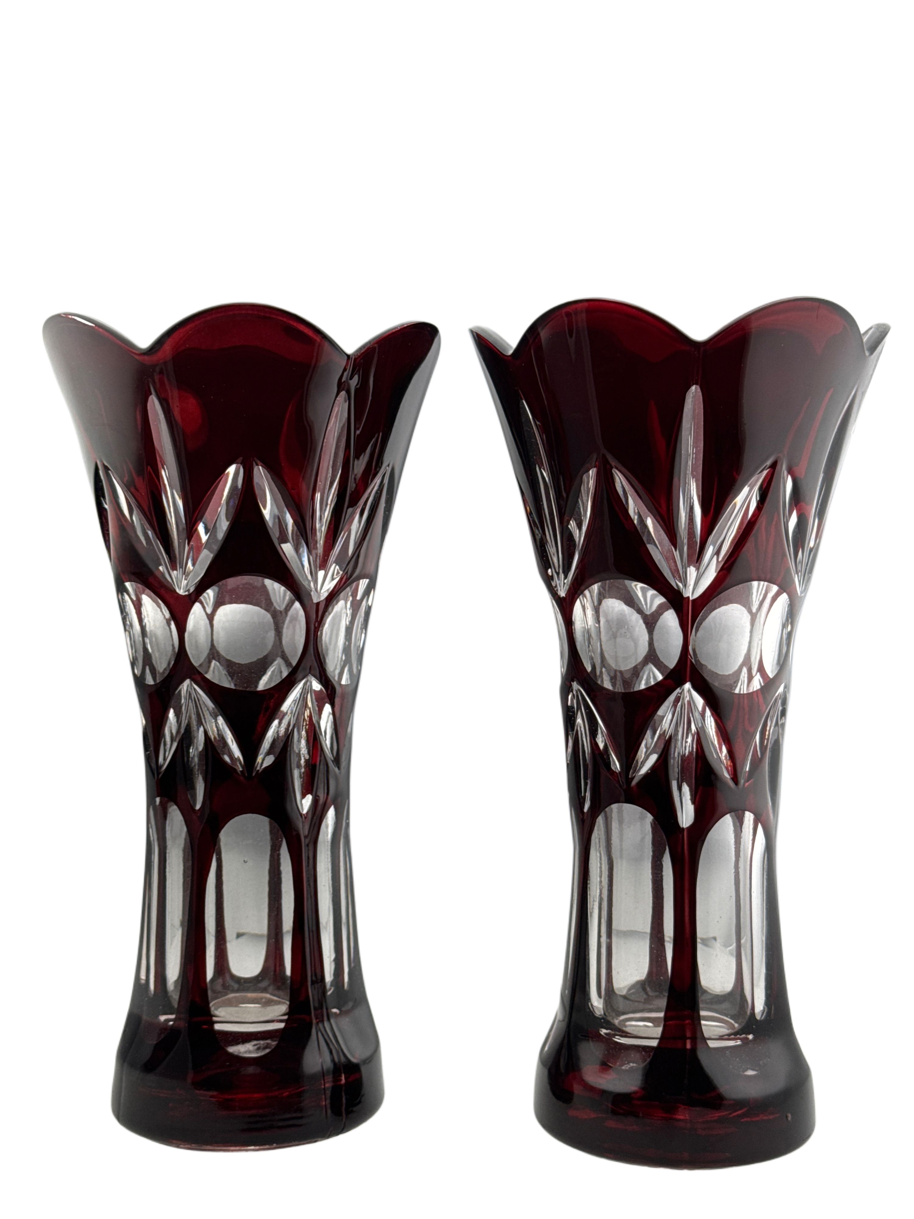 Pair of Luxurious Ruby Red Cut Crystal Vases