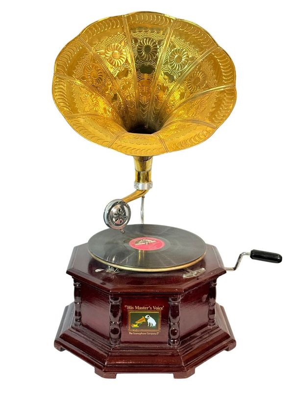 Classic Gramophone with Golden Horns and Wooden Carvings