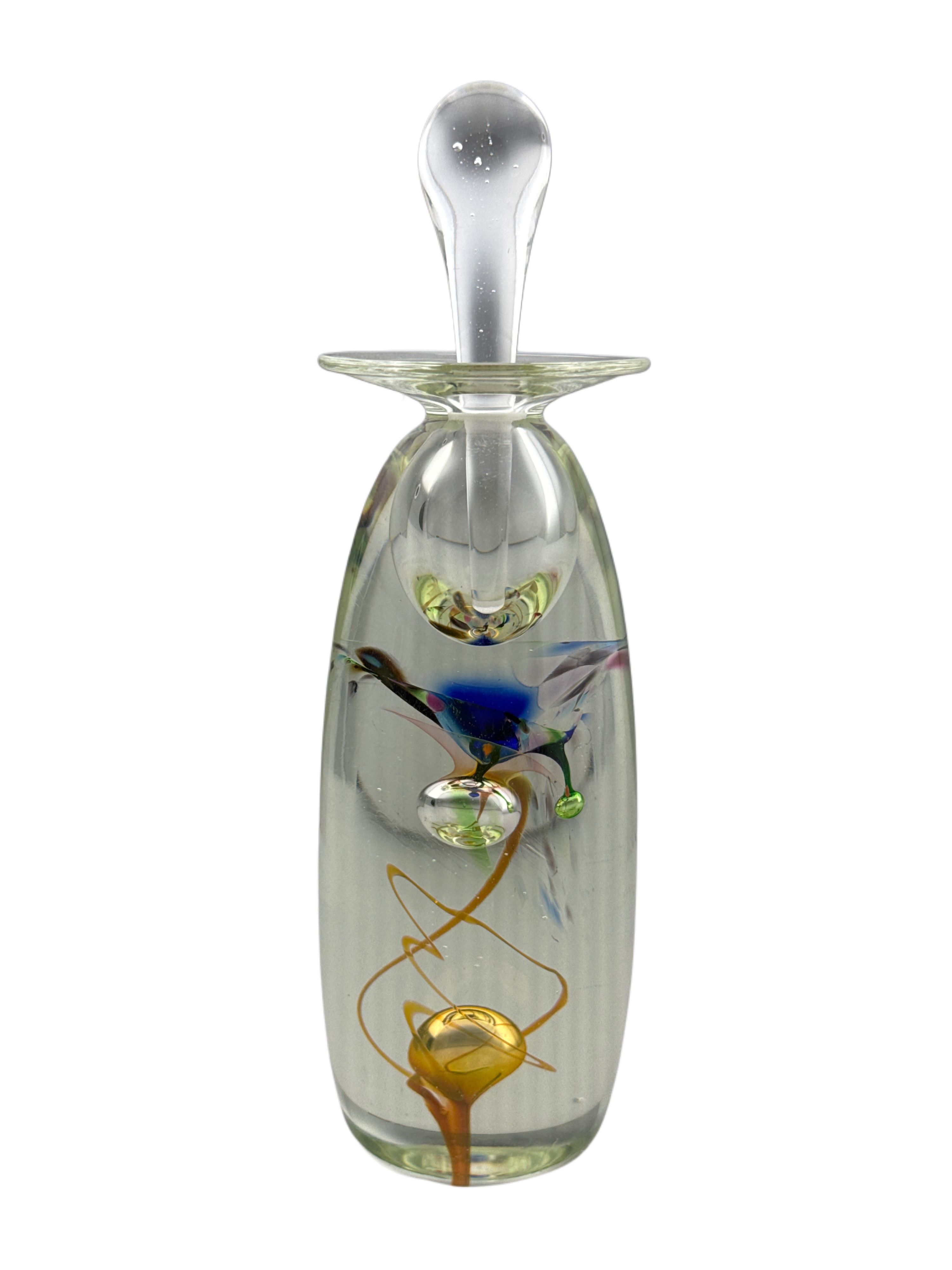 Artistic Perfume Bottle with Transparent Glass and Green, Blue, Yellow Accents