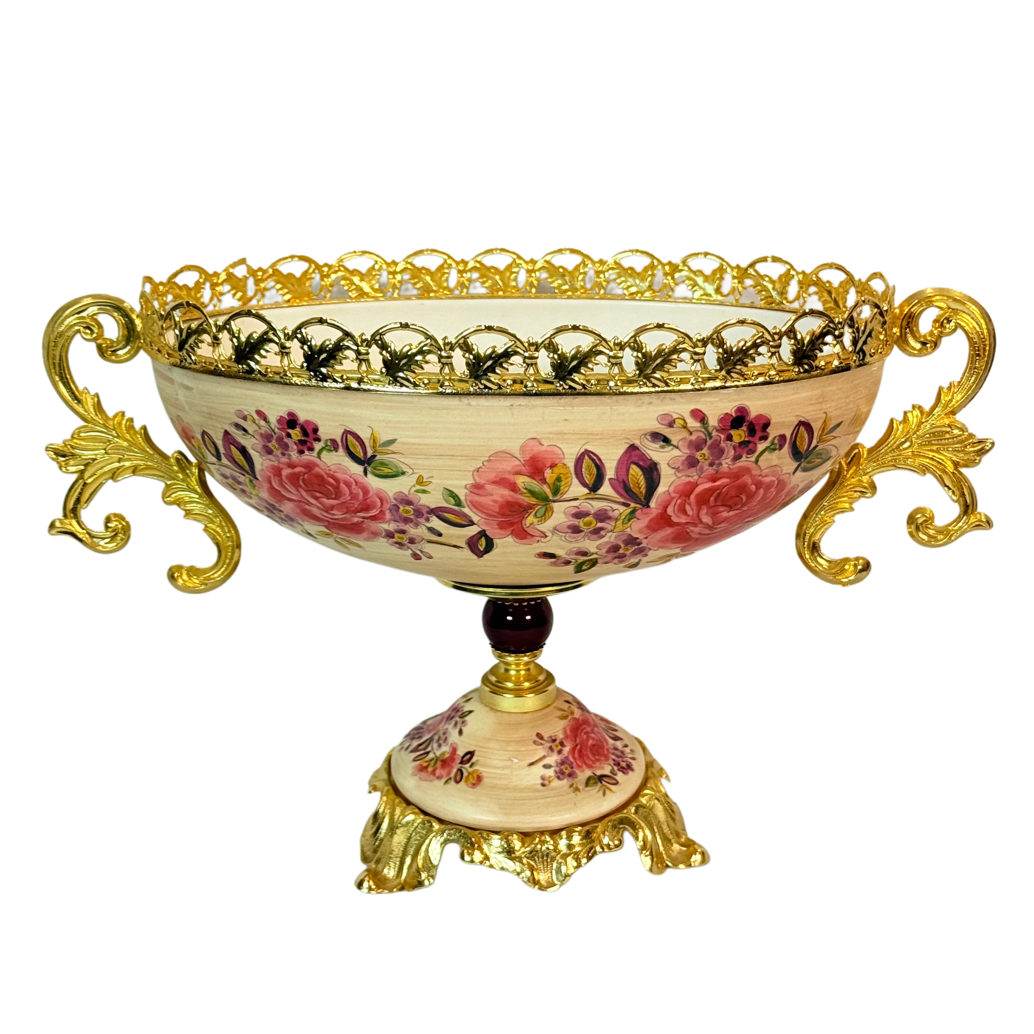 Floral Decorated Ceramic Bowl with Golden Accents – Classic Masterpiece